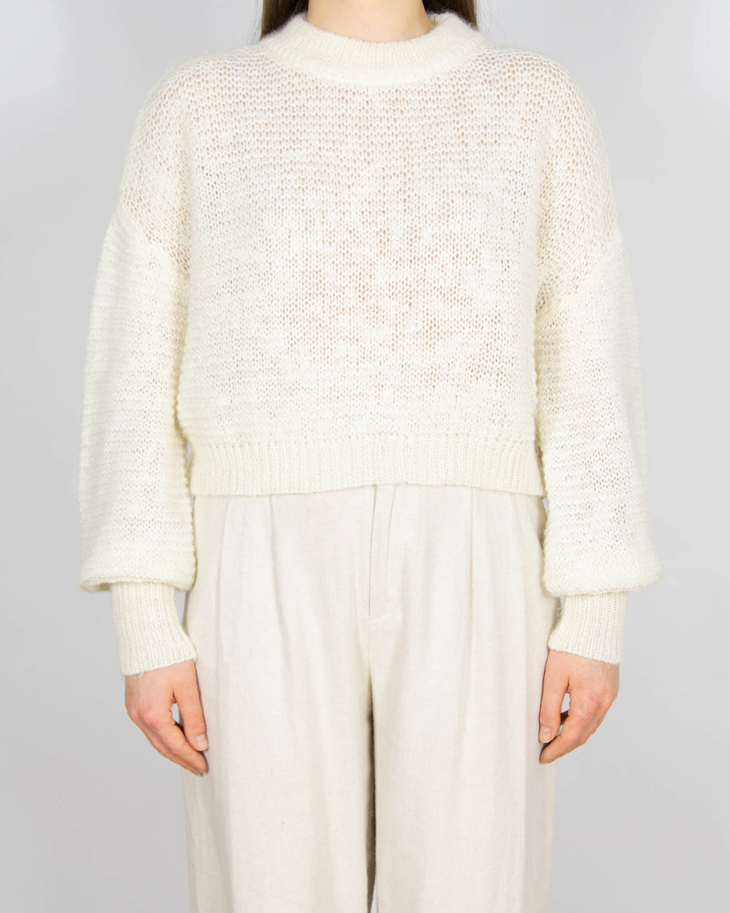 Śmietankowy wełniany (wełna + alpaka) sweter - M