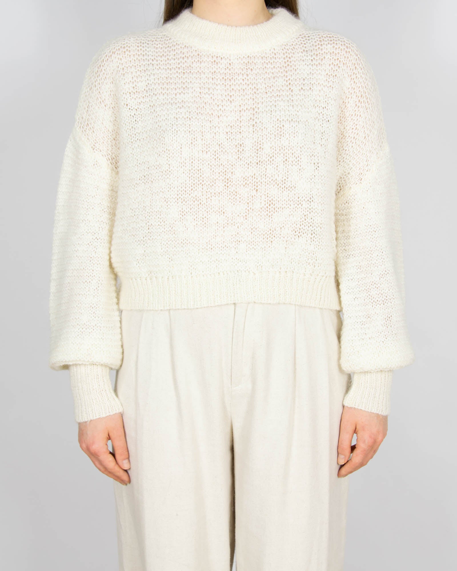 Śmietankowy wełniany (wełna + alpaka) sweter - M