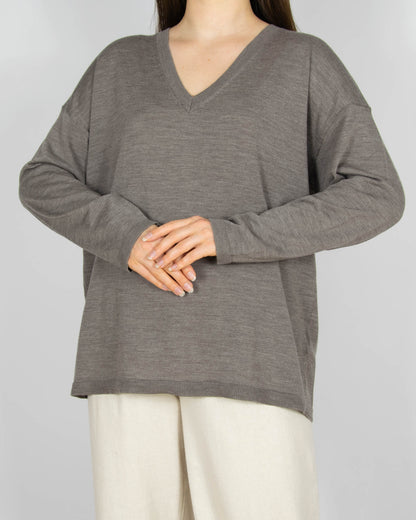 Szarobeżowy wełniany (merino extra fine) sweter M&S - L