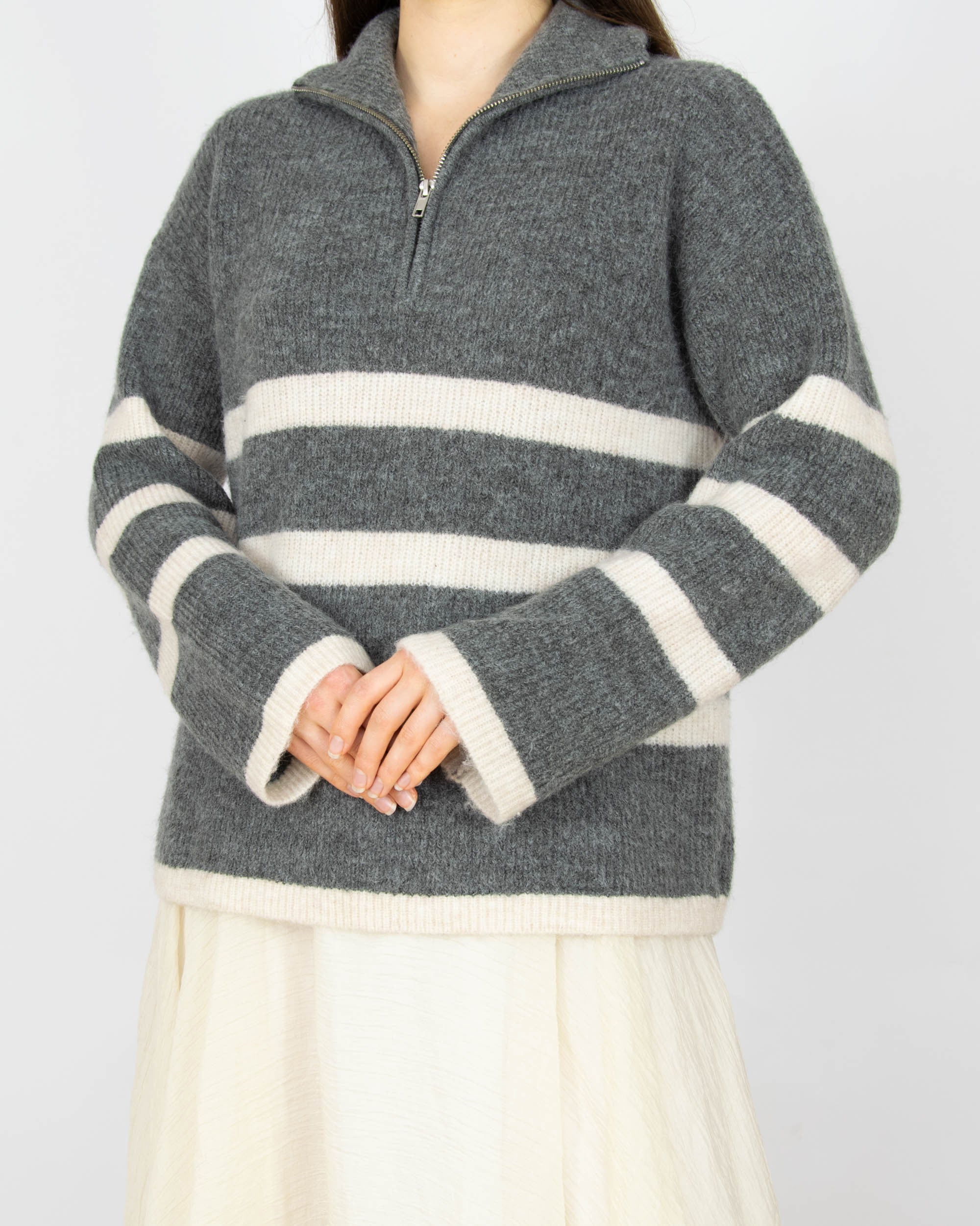 Szaro kremowy wełniany (merino) sweter w paski Selected Femme