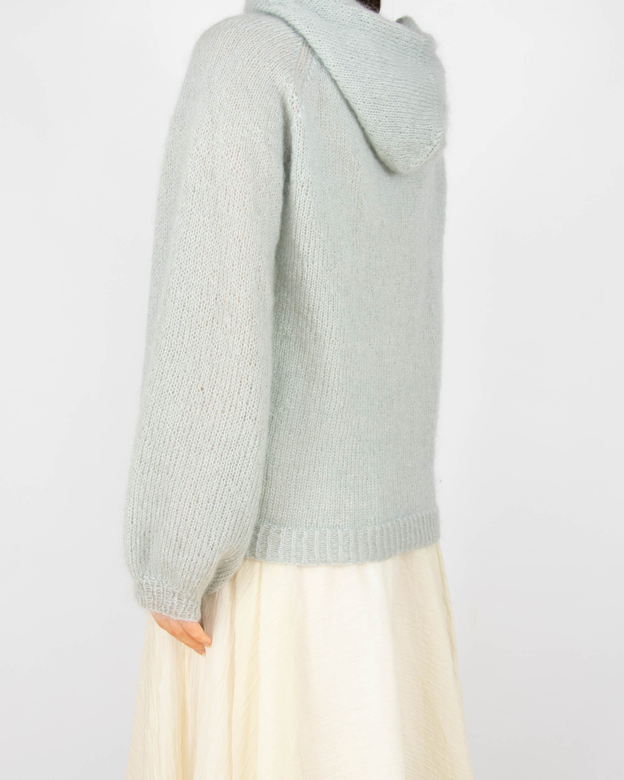 Szaroniebieski moherowy sweter z kapturem handmade
