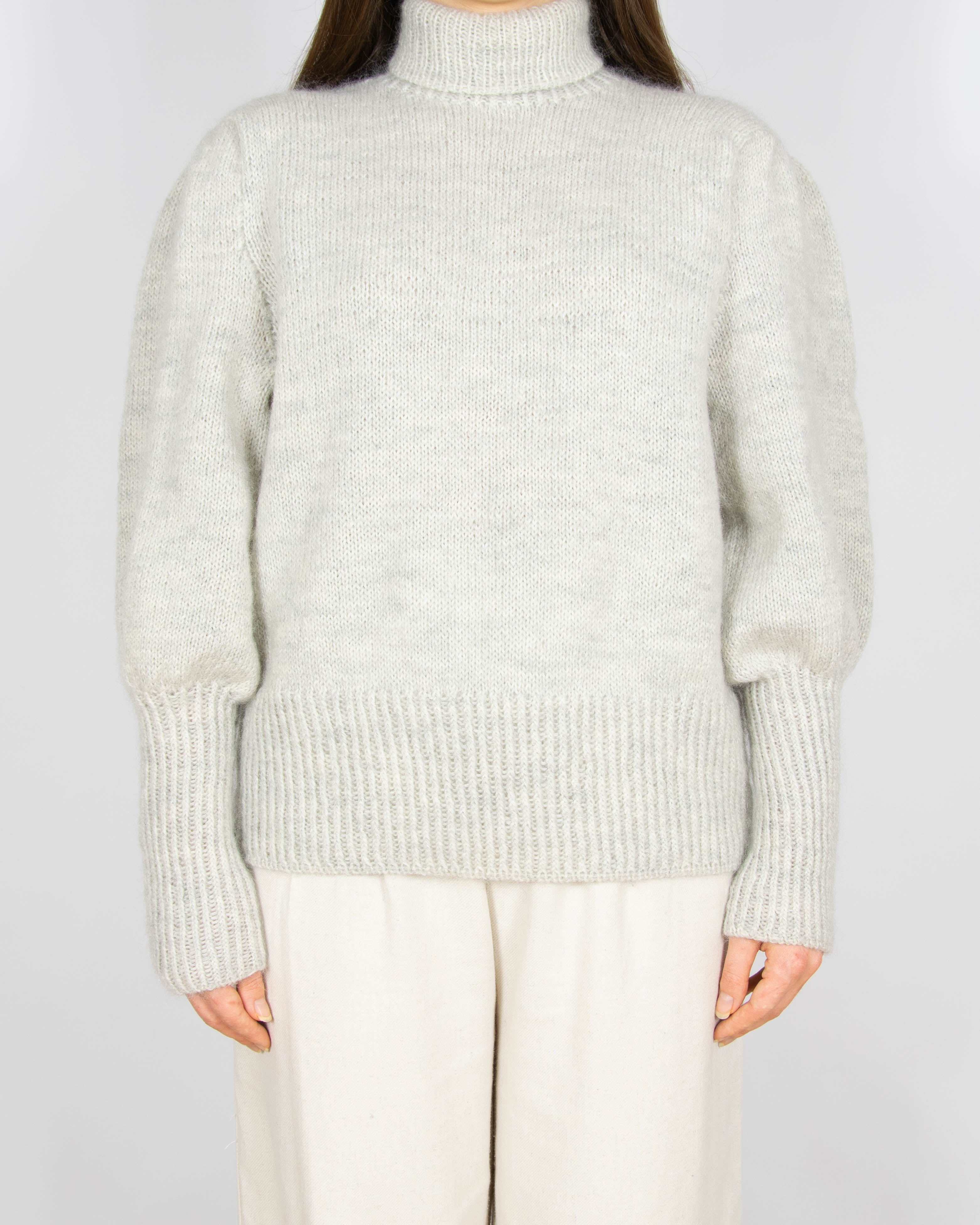 Jasnoszary moherowy sweter z bufiastymi rękawami Handmade - M