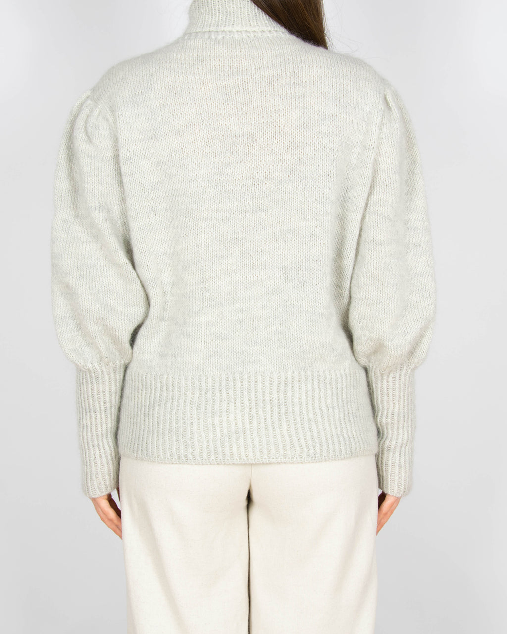 Jasnoszary moherowy sweter z bufiastymi rękawami Handmade - M
