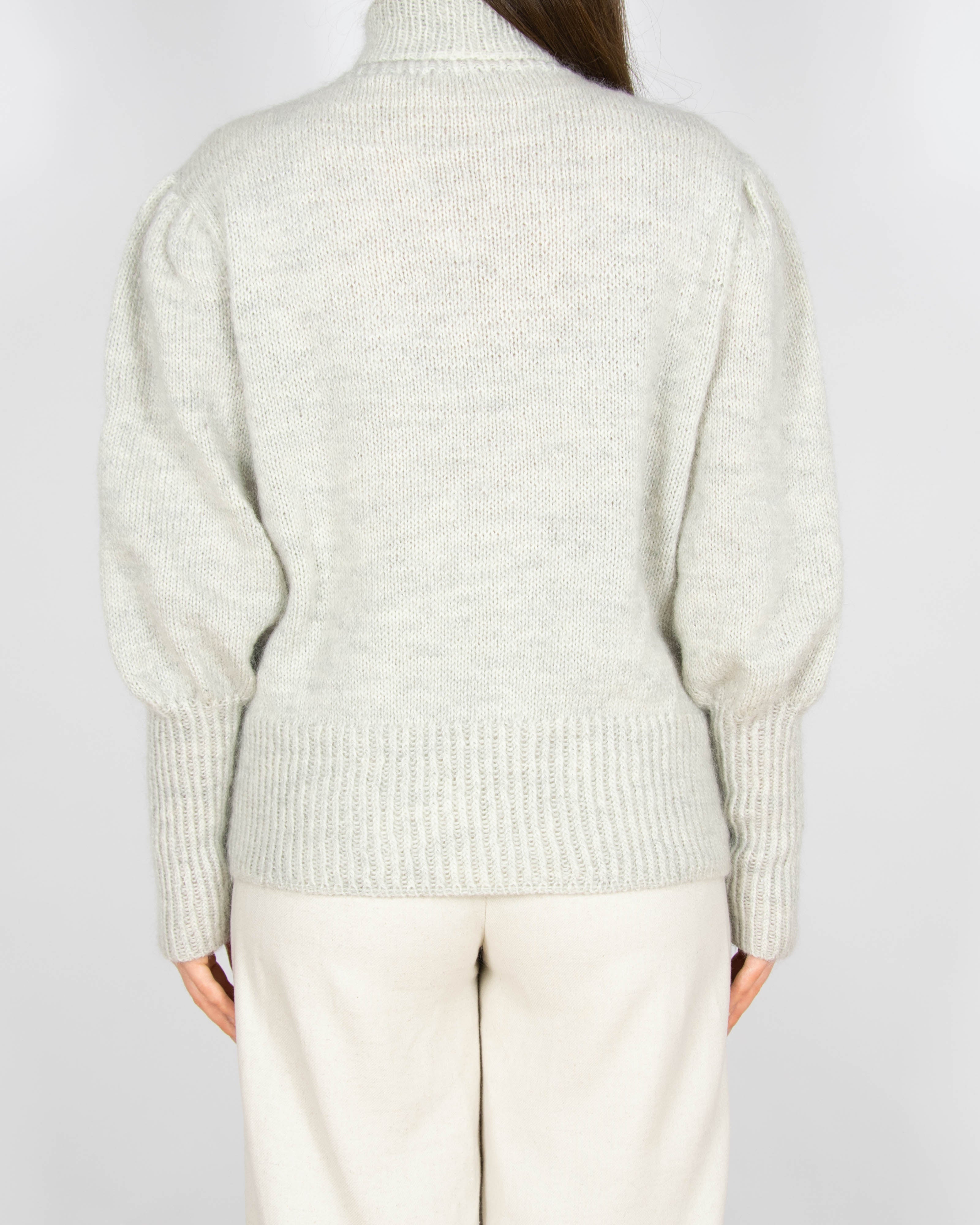 Jasnoszary moherowy sweter z bufiastymi rękawami Handmade - M