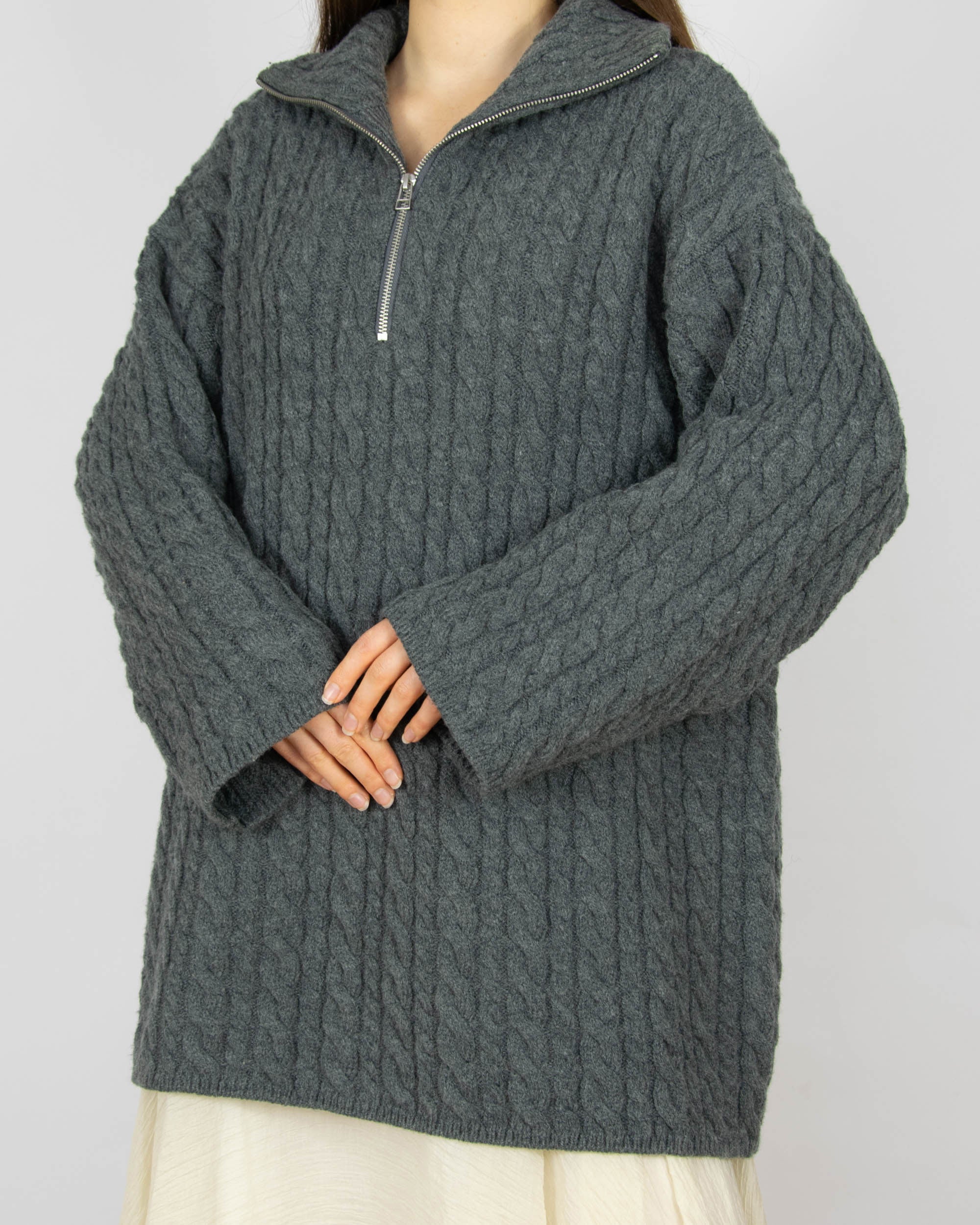 Szary wełniany warkoczowy sweter oversize H&M Premium - S/M