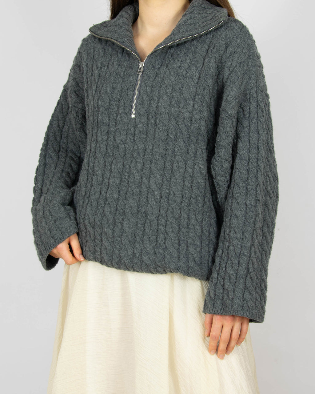 Szary wełniany warkoczowy sweter oversize H&M Premium - S/M
