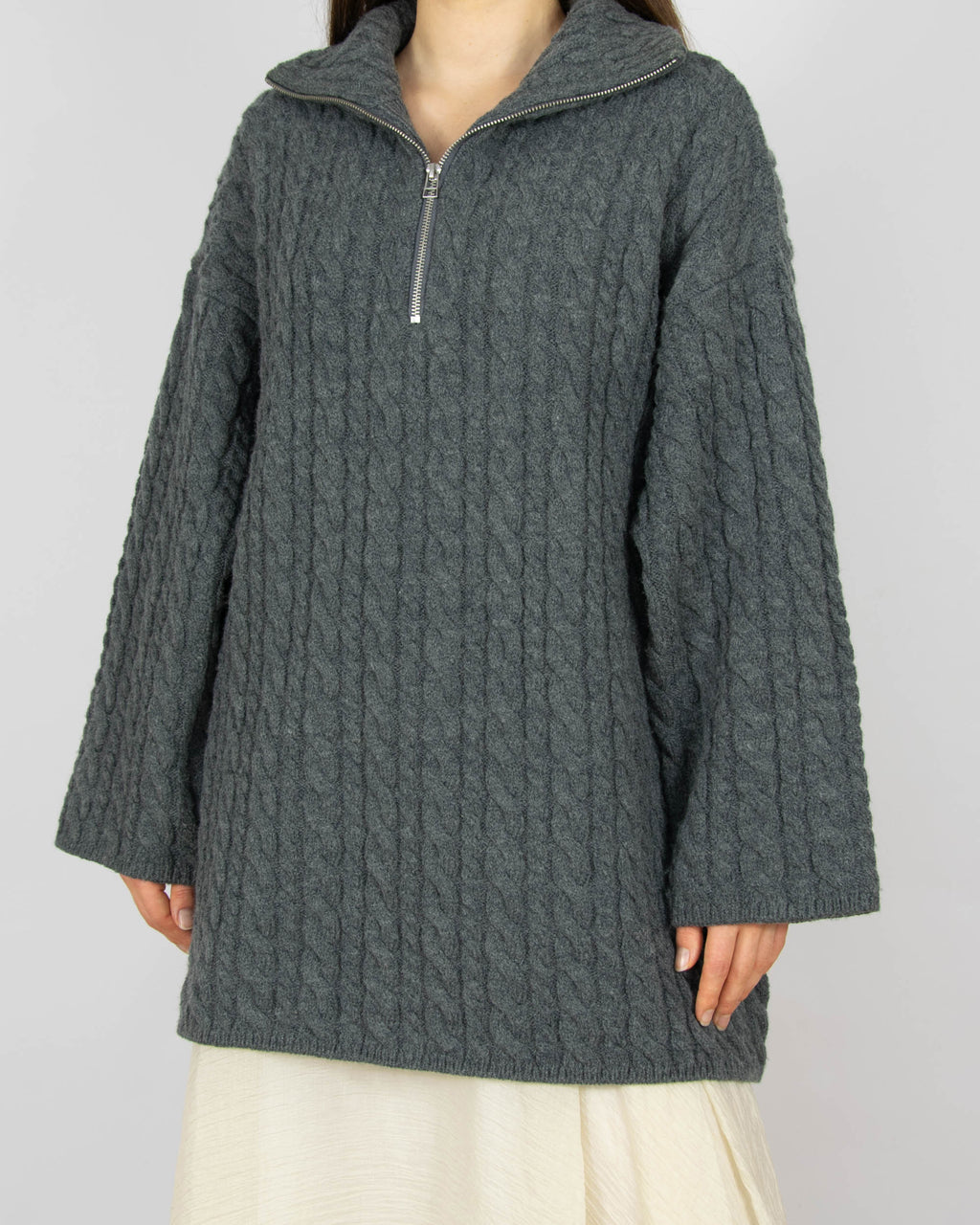 Szary wełniany warkoczowy sweter oversize H&M Premium