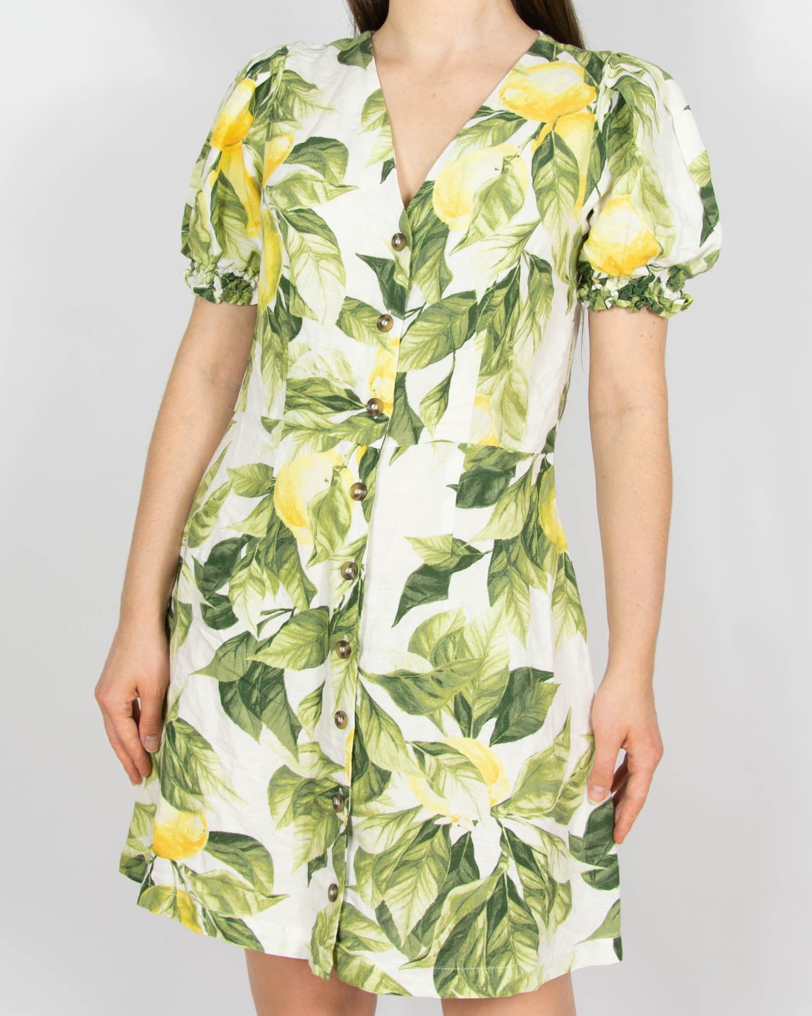 Biała (len + wiskoza) sukienka w cytryny H&M - M