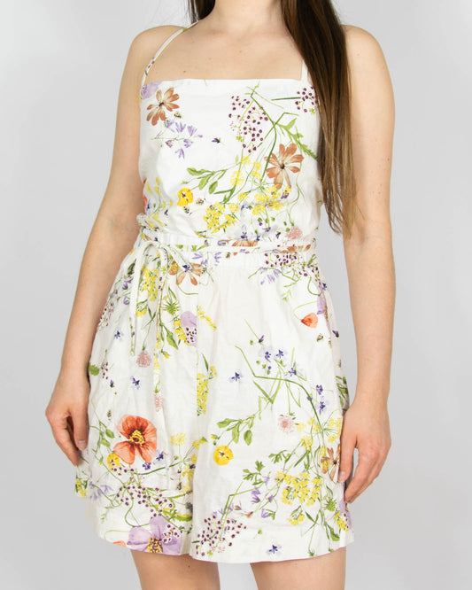 Biały (len + bawełna) kombinezon w kwiaty H&M - S