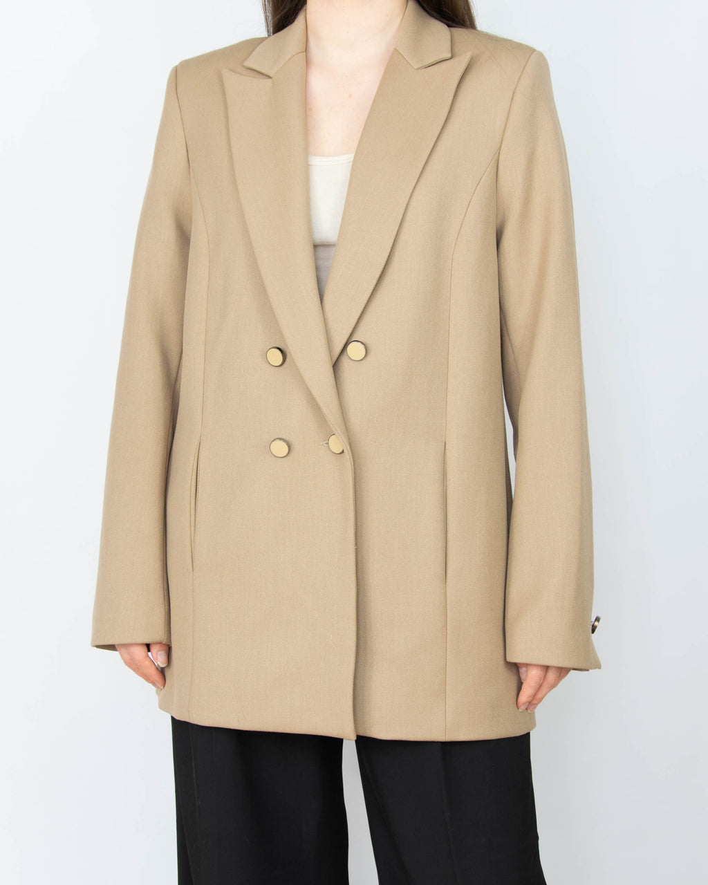 Beżowa wiskozowa marynarka dwurzędowa&nbsp;duńskiej marki Claire