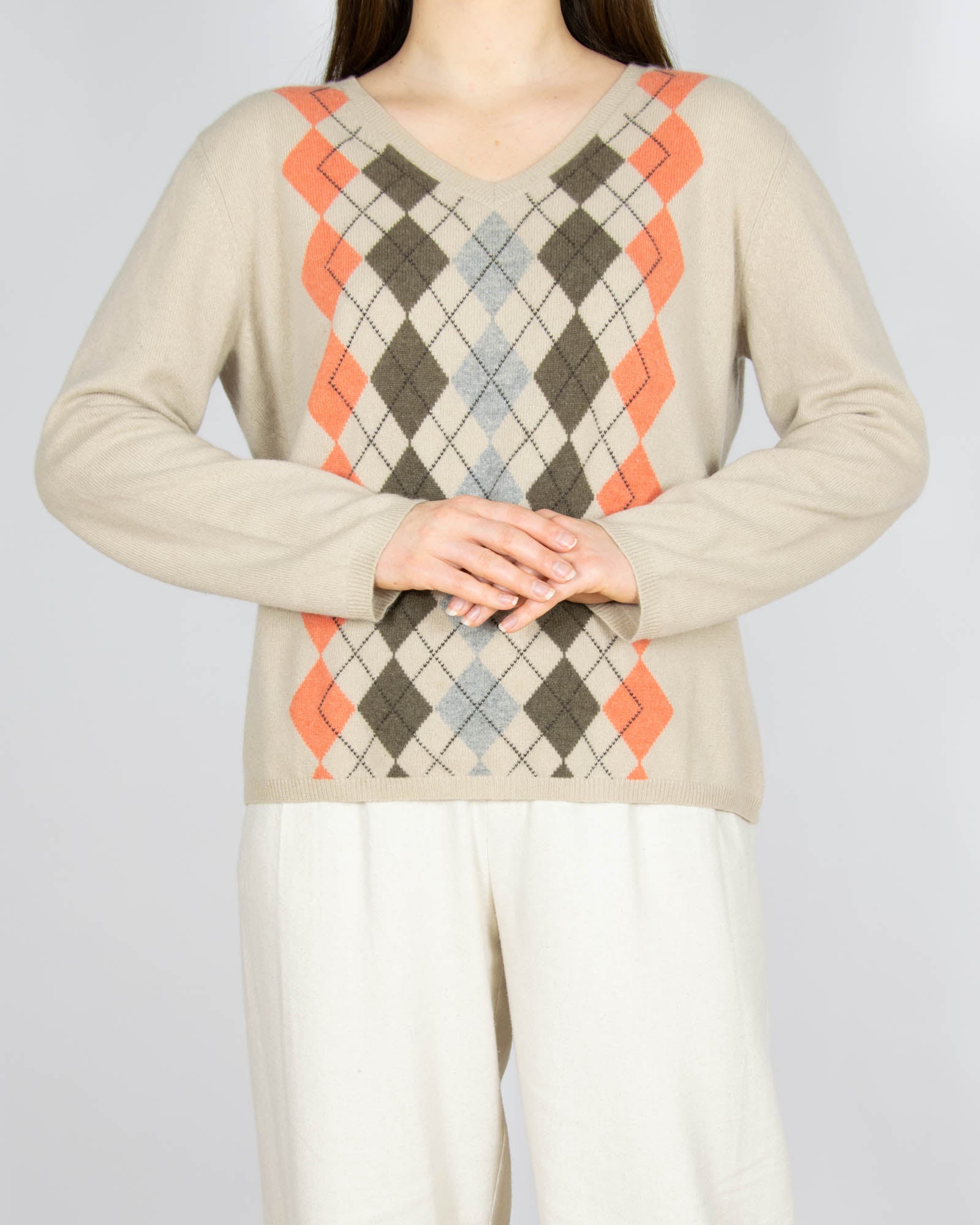 Beżowy kaszmirowy sweter w romby - L