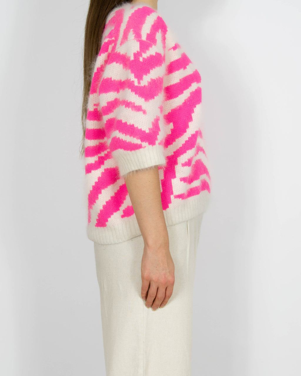 Biało różowy wełniany (angora) sweter By Malene Birger - S/M