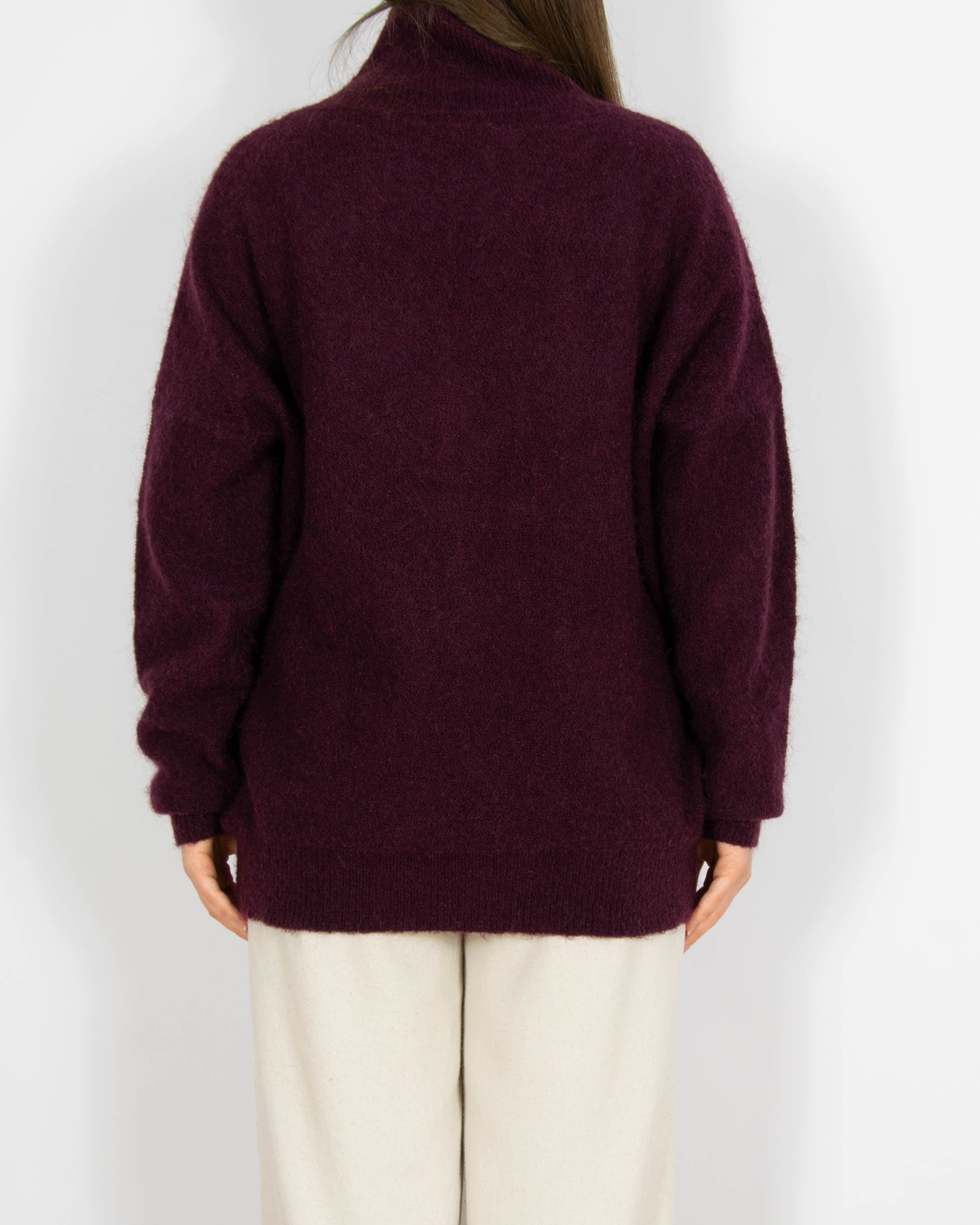 Bordowy wełniany (wełna + moher) sweter z golfem MSCH Copenhagen - M/L