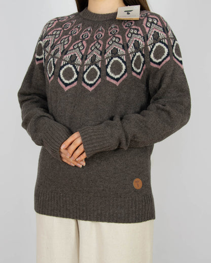 Nowy brązowo różowy (wełna jagnięca + merino) sweter norweski Tufte - M