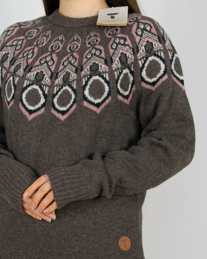 Nowy brązowo różowy (wełna jagnięca + merino) sweter norweski Tufte - M