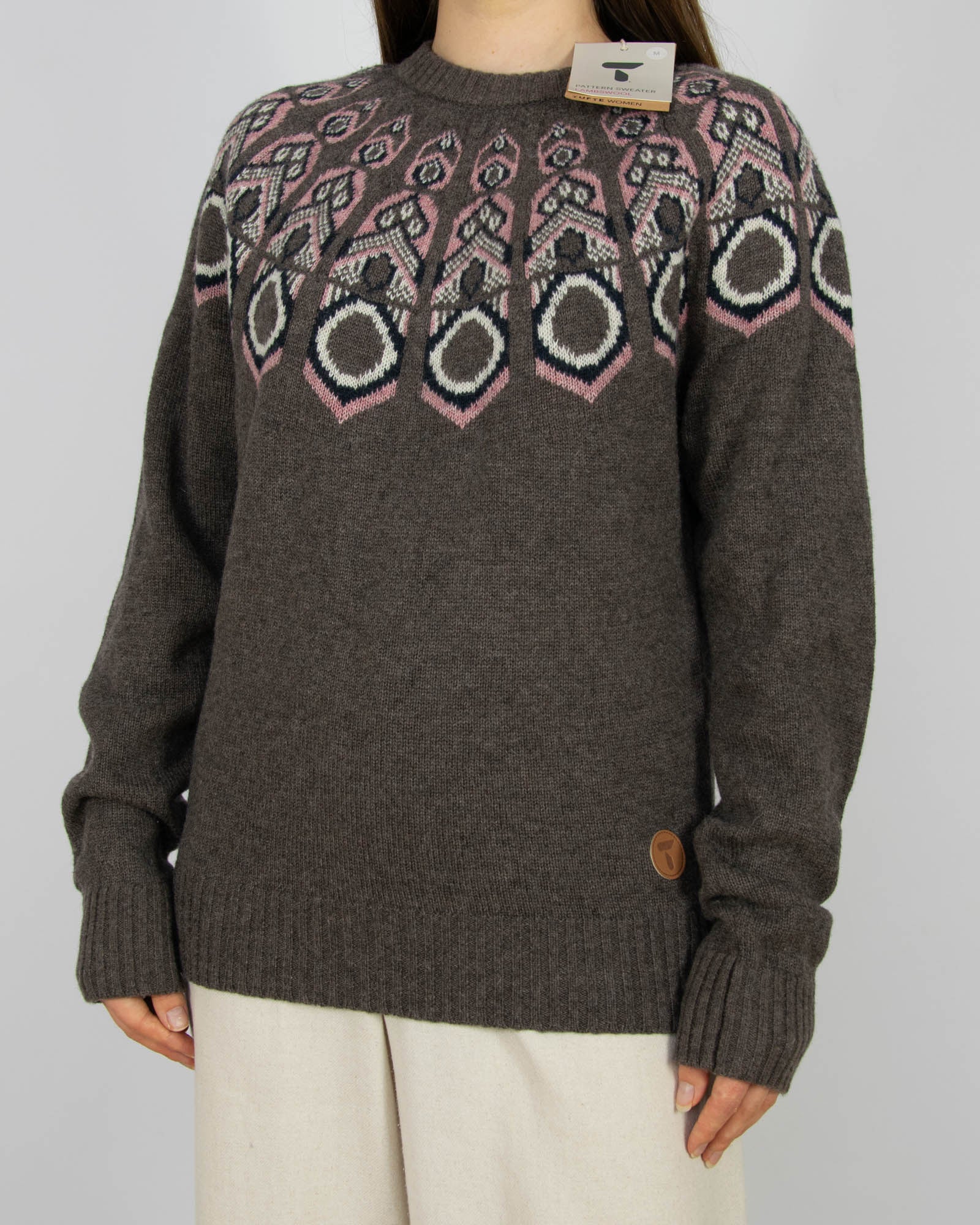 Brązowo różowy (wełna jagnięca + merino) sweter norweski Tufte