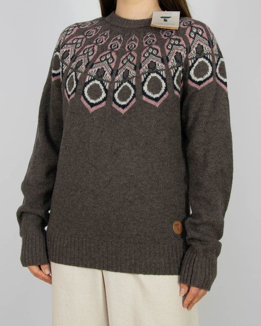 Brązowo różowy (wełna jagnięca + merino) sweter norweski Tufte