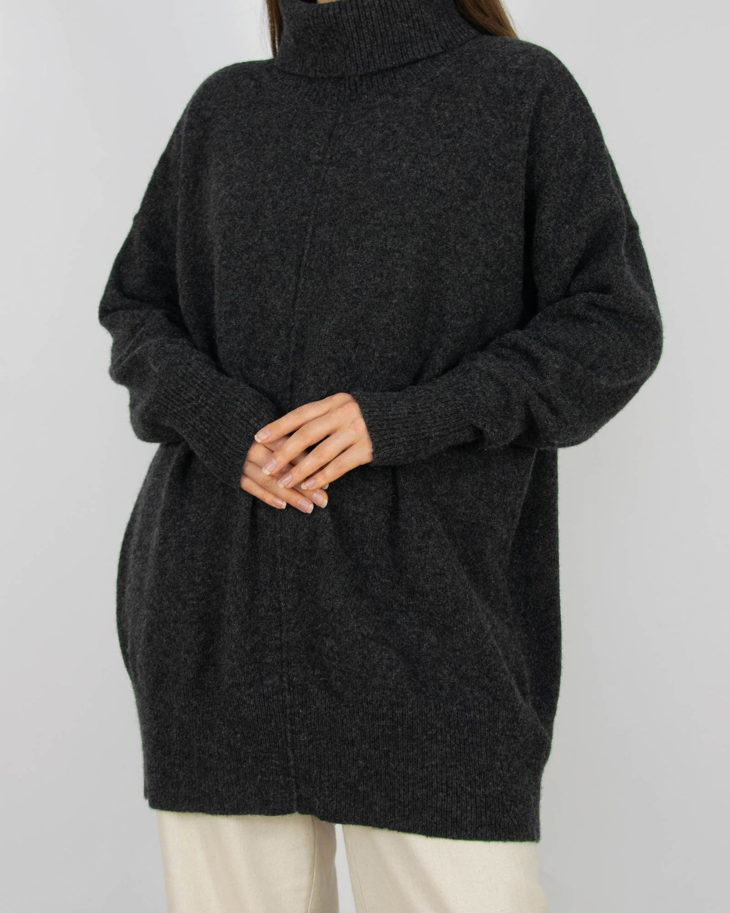 Szary wełniany (wełna jagnięca) sweter oversize z golfem Cubus - S/M