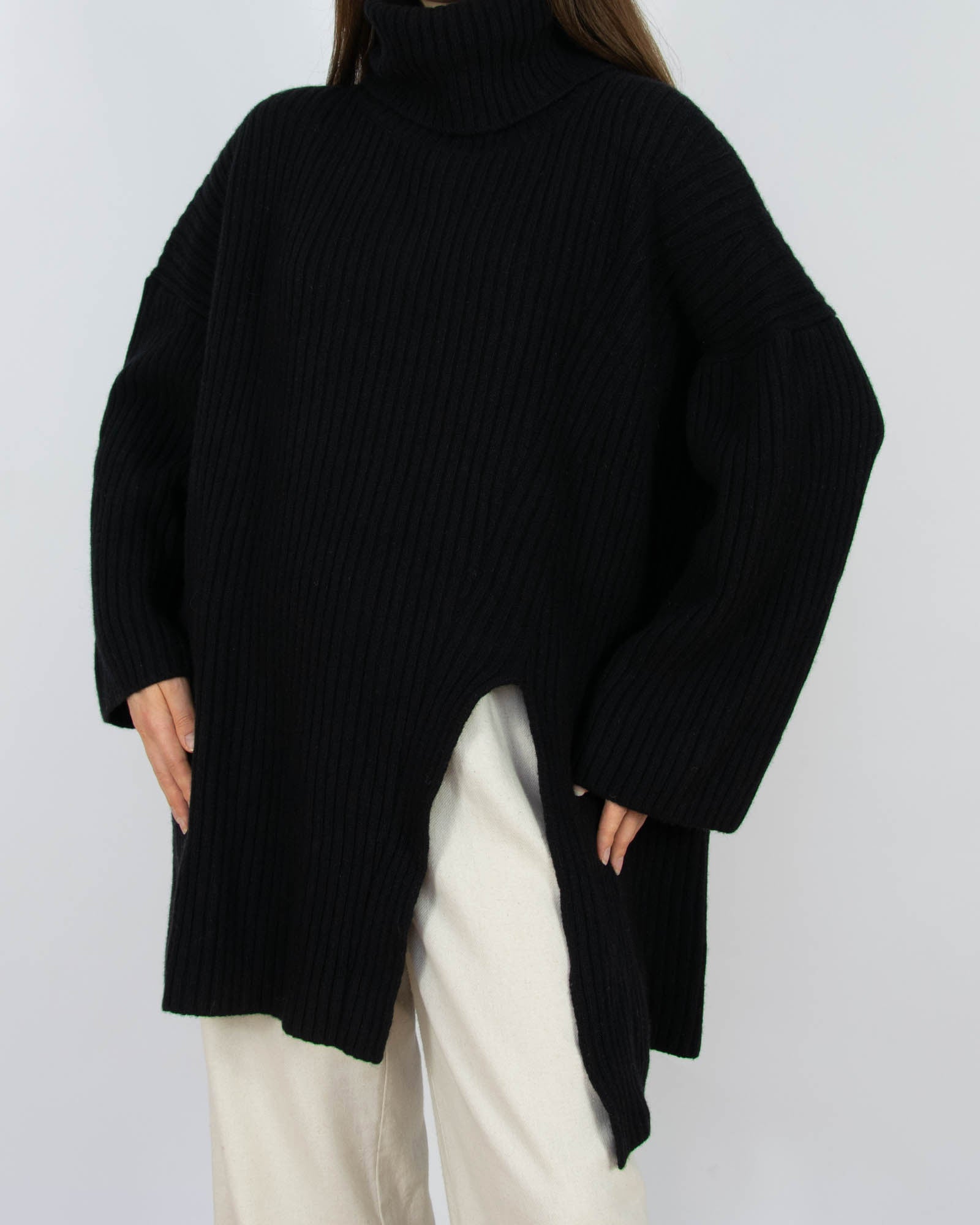 Czarny (wełna + kaszmir) prążkowany sweter oversize golf H&M Premium