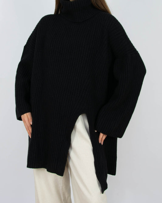 Czarny (wełna + kaszmir) prążkowany sweter oversize golf H&M Premium