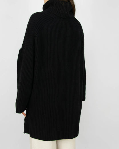 Czarny (wełna + kaszmir) prążkowany sweter oversize golf H&M Premium - M/L