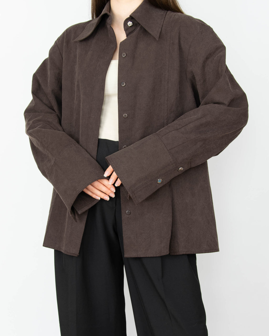 Unikatowa czekoladowa (jedwab + bawełna + len) koszula marki & Other Stories z limitowanej luksusowej kolekcji Savoir