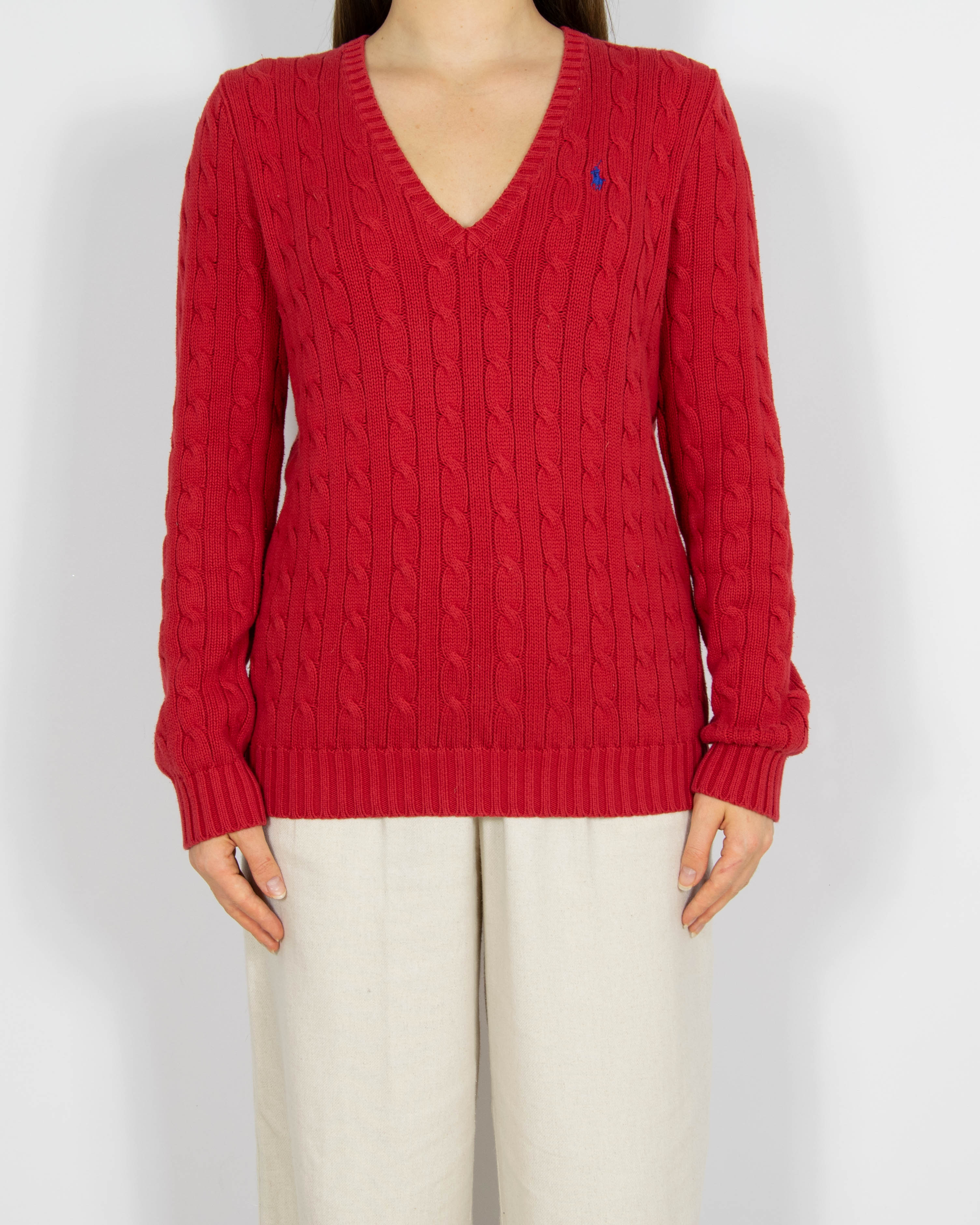 Czerwony bawełniany sweter cable knit Ralph Lauren
