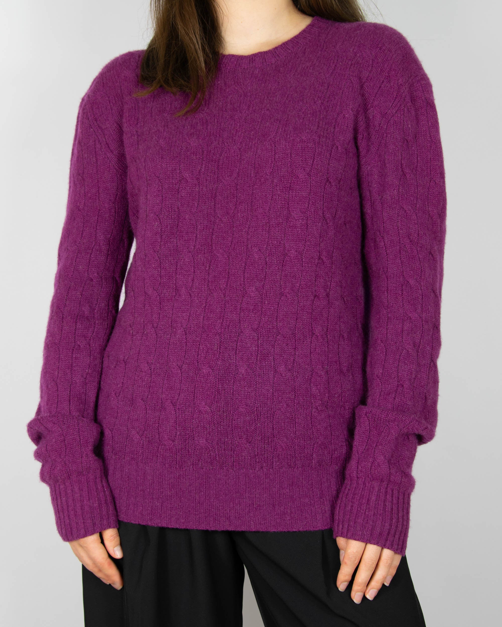 Fuksjowy kaszmirowy sweter warkoczowy marki premium Ralph Lauren