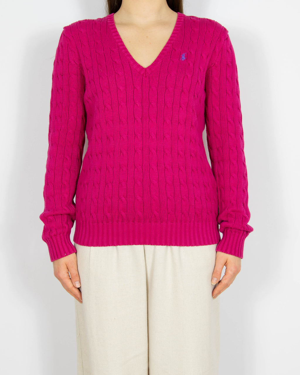 Fuksjowy bawełniany sweter cable knit Ralph Lauren - L
