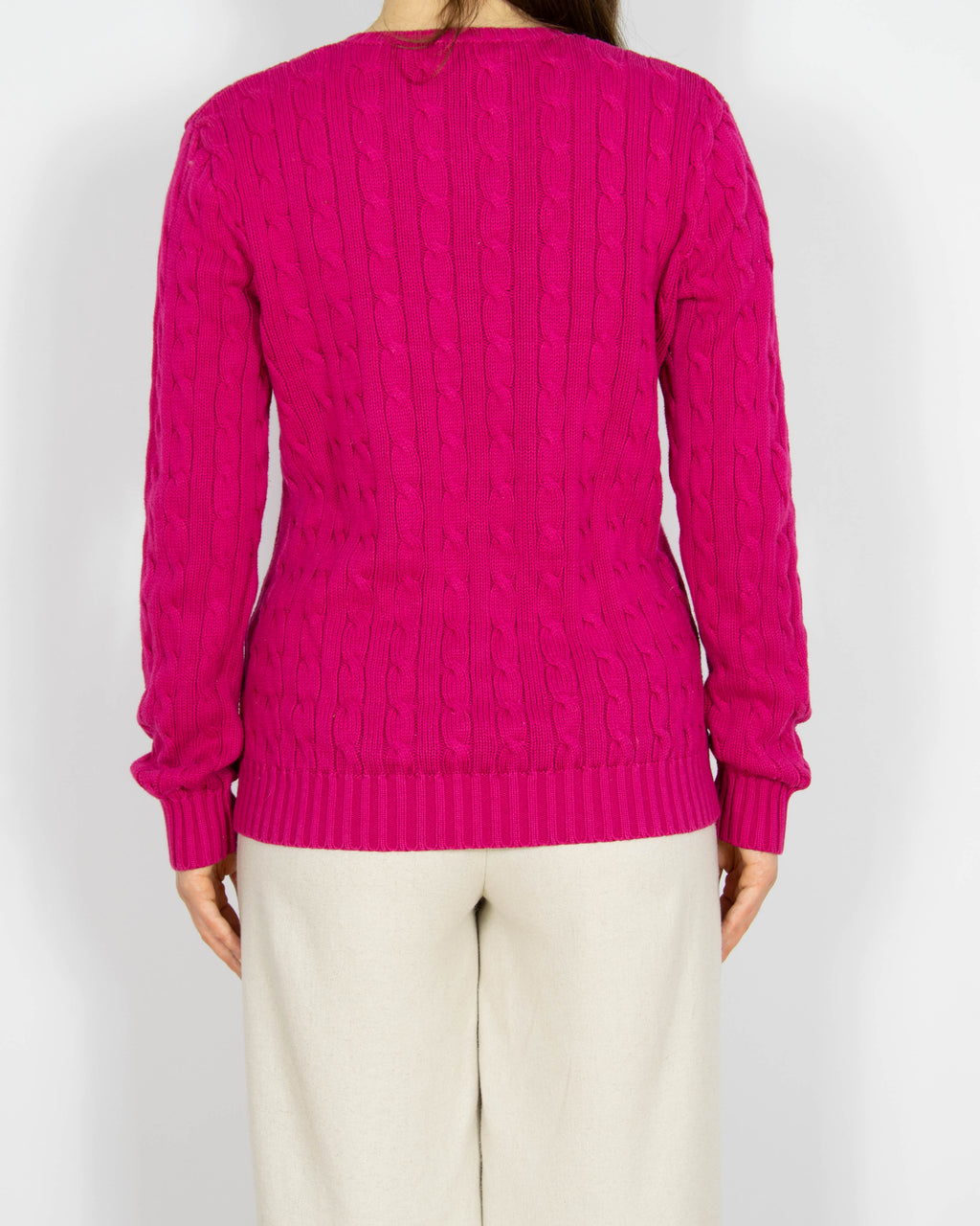 Fuksjowy bawełniany sweter cable knit Ralph Lauren - L