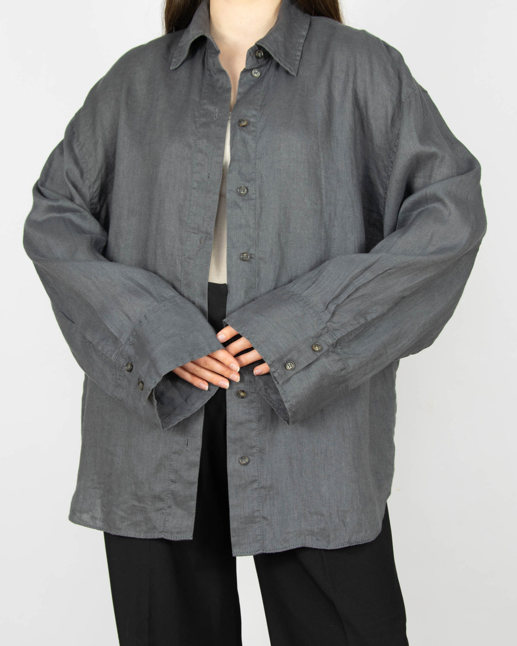 Grafitowa lniana koszula oversize z szerokimi rękawami marki H&M Premium