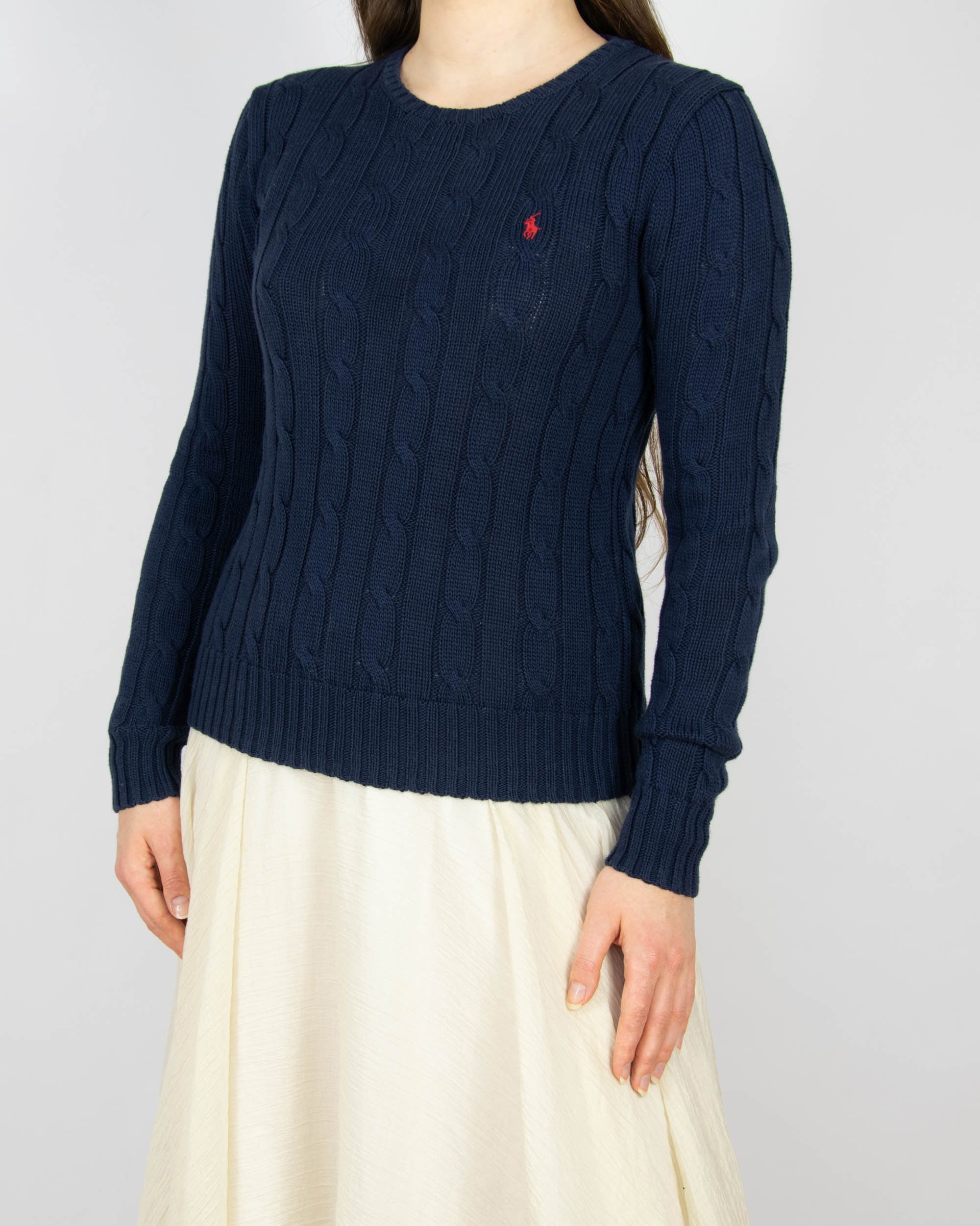 Granatowy bawełniany sweter cable knit marki premium Ralph Lauren.&nbsp;