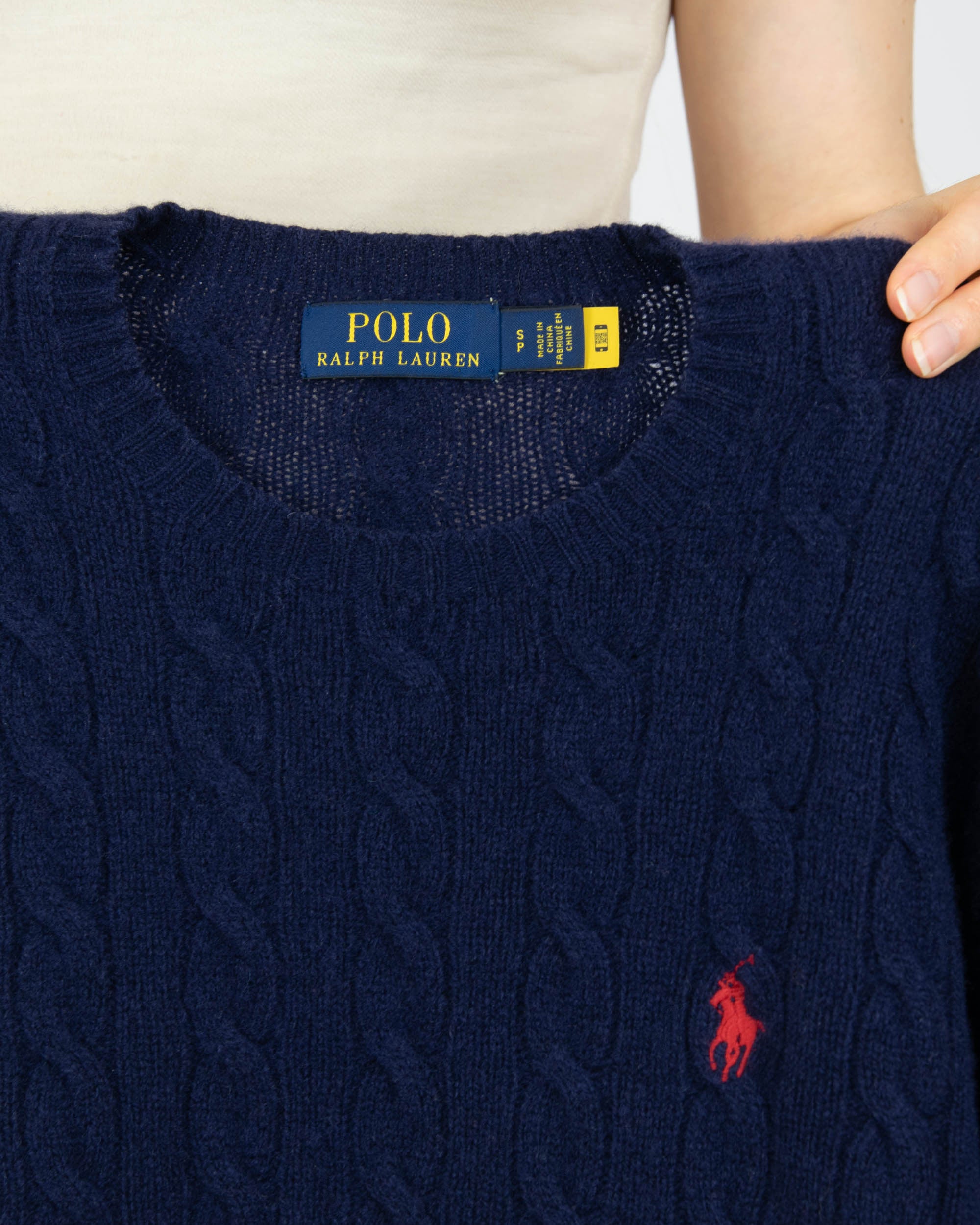 Granatowy (wełna + kaszmir) sweter warkoczowy Ralph Lauren - S