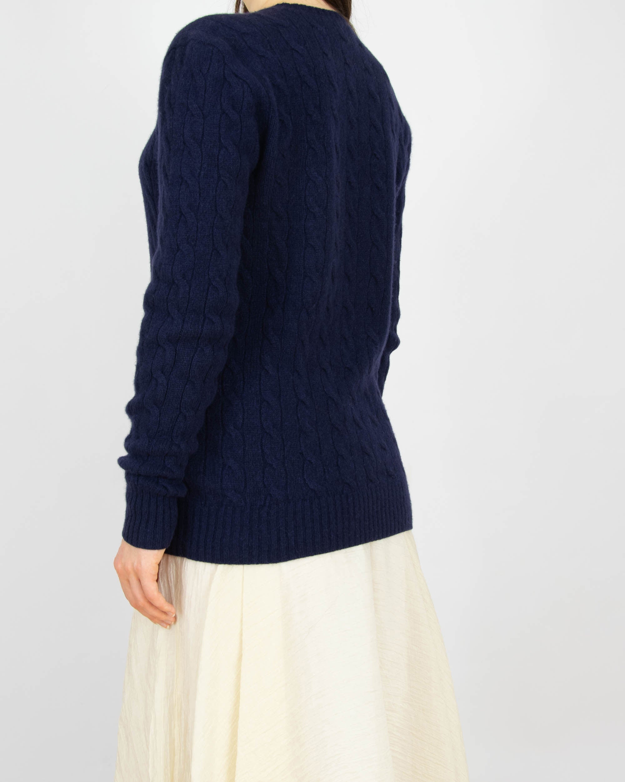 Granatowy (wełna + kaszmir) sweter warkoczowy Ralph Lauren - S