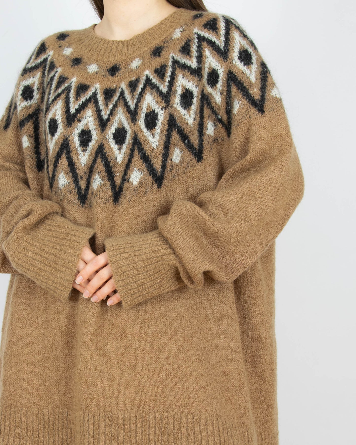 Karmelowy (moher + wełna) sweter w norweski wzór H&M Premium - L