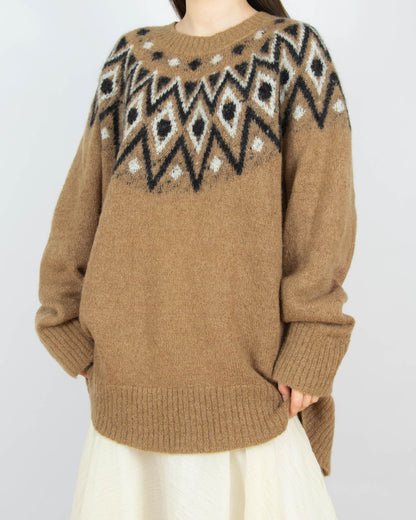 Karmelowy (moher + wełna) sweter w norweski wzór H&M Premium