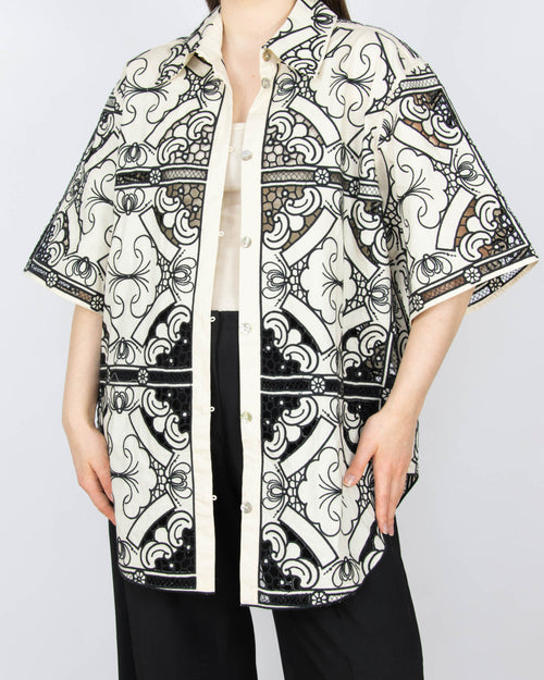 Kremowo czarna haftowana bawełniana koszula marki H&amp;M Edition