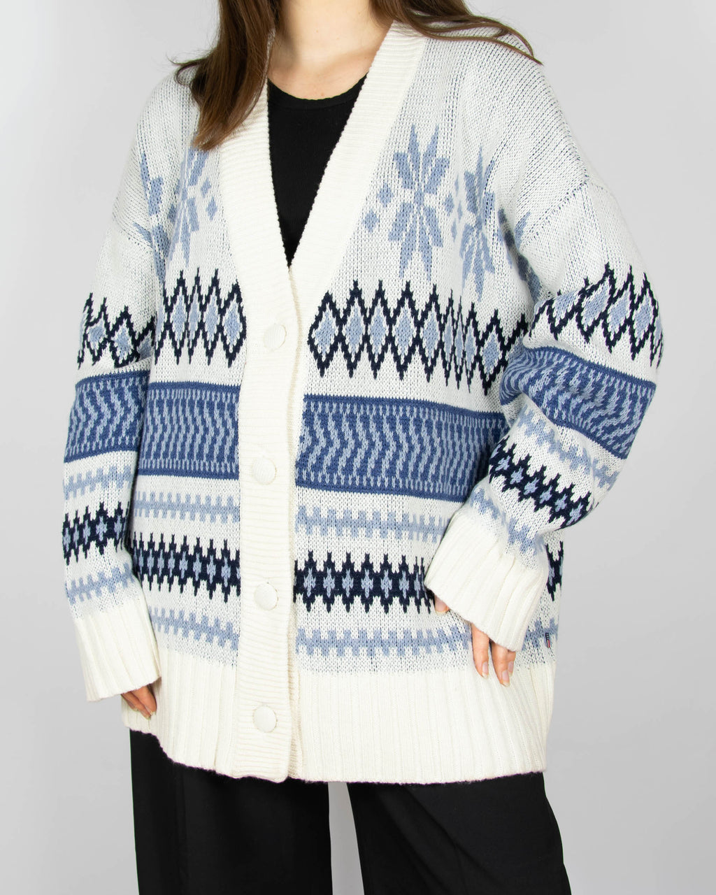 Niebiesko kremowy (merino + bawełna) sweter w norweski wzór szwedzkiej marki premium Lexington