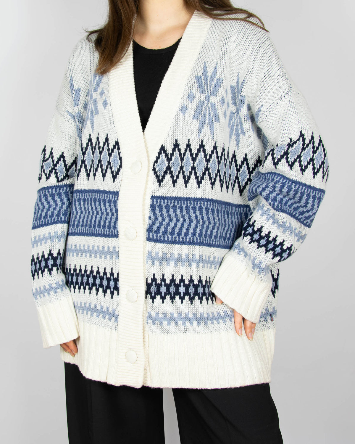 Niebiesko kremowy (merino + bawełna) sweter w norweski wzór szwedzkiej marki premium Lexington