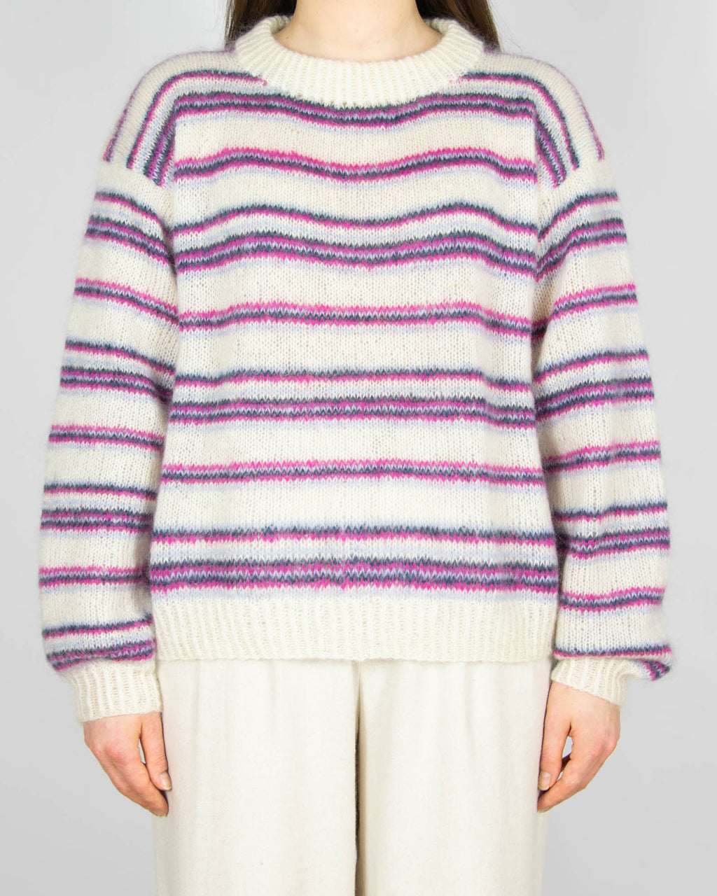 Kremowo różowy moherowy sweter w paski Handmade