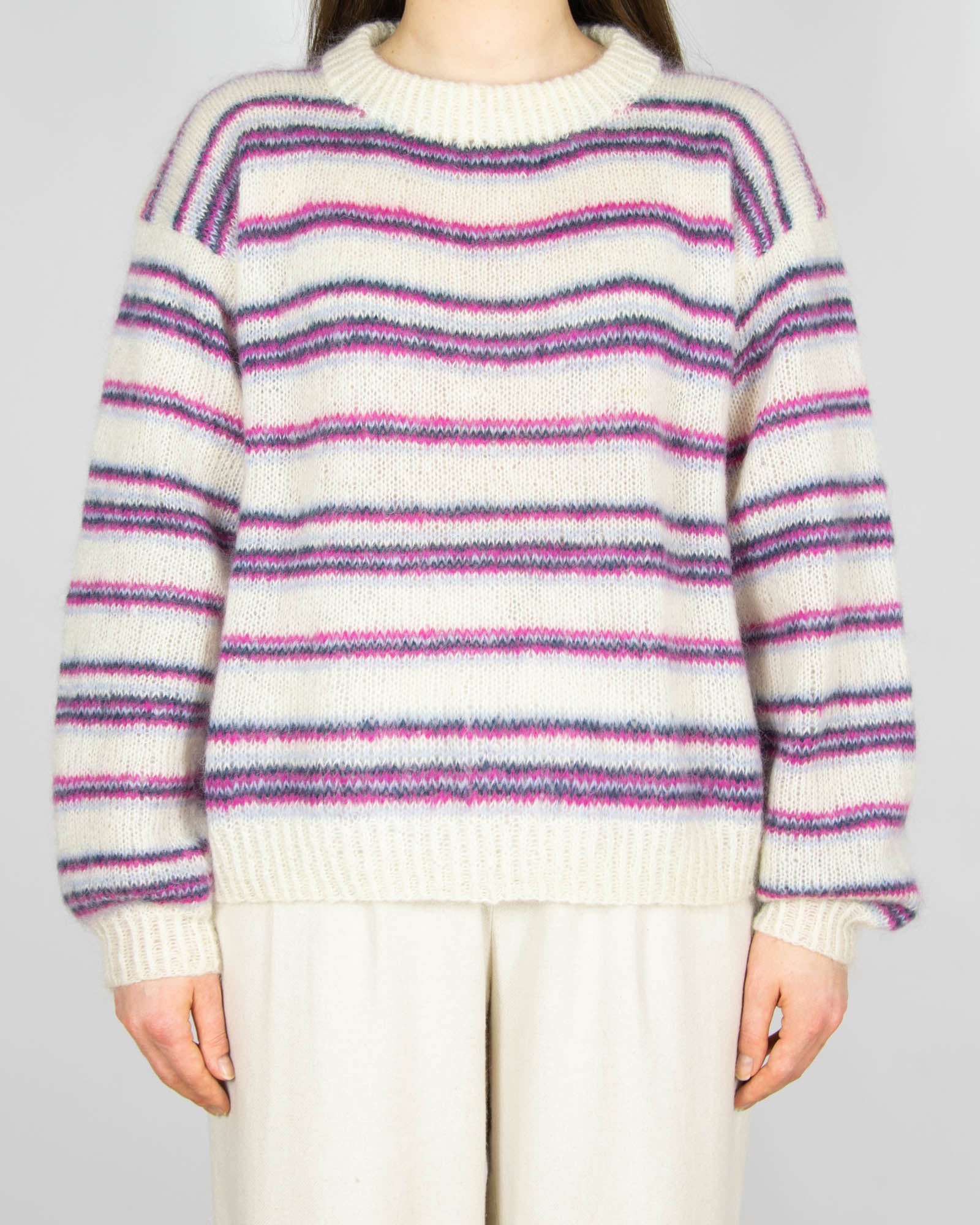 Kremowo różowy moherowy sweter w paski Handmade