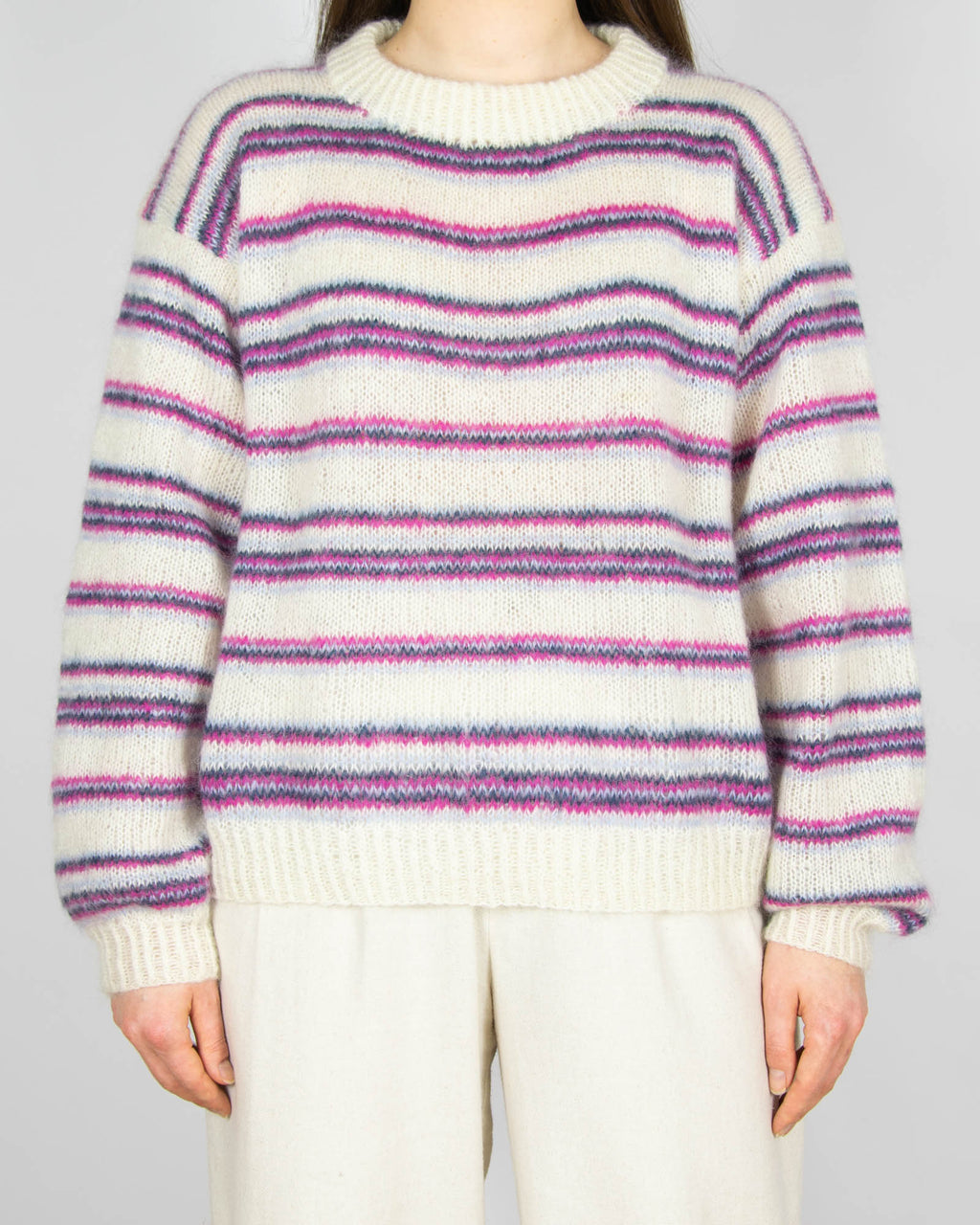 Kremowo różowy moherowy sweter w paski Handmade - M