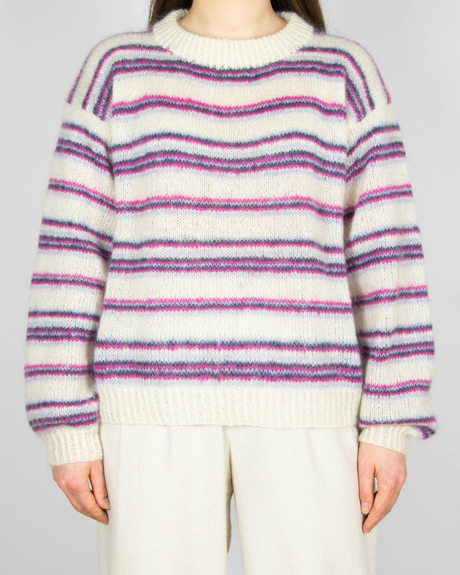Kremowo różowy moherowy sweter w paski Handmade - M