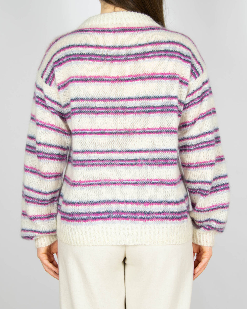 Kremowo różowy moherowy sweter w paski Handmade - M