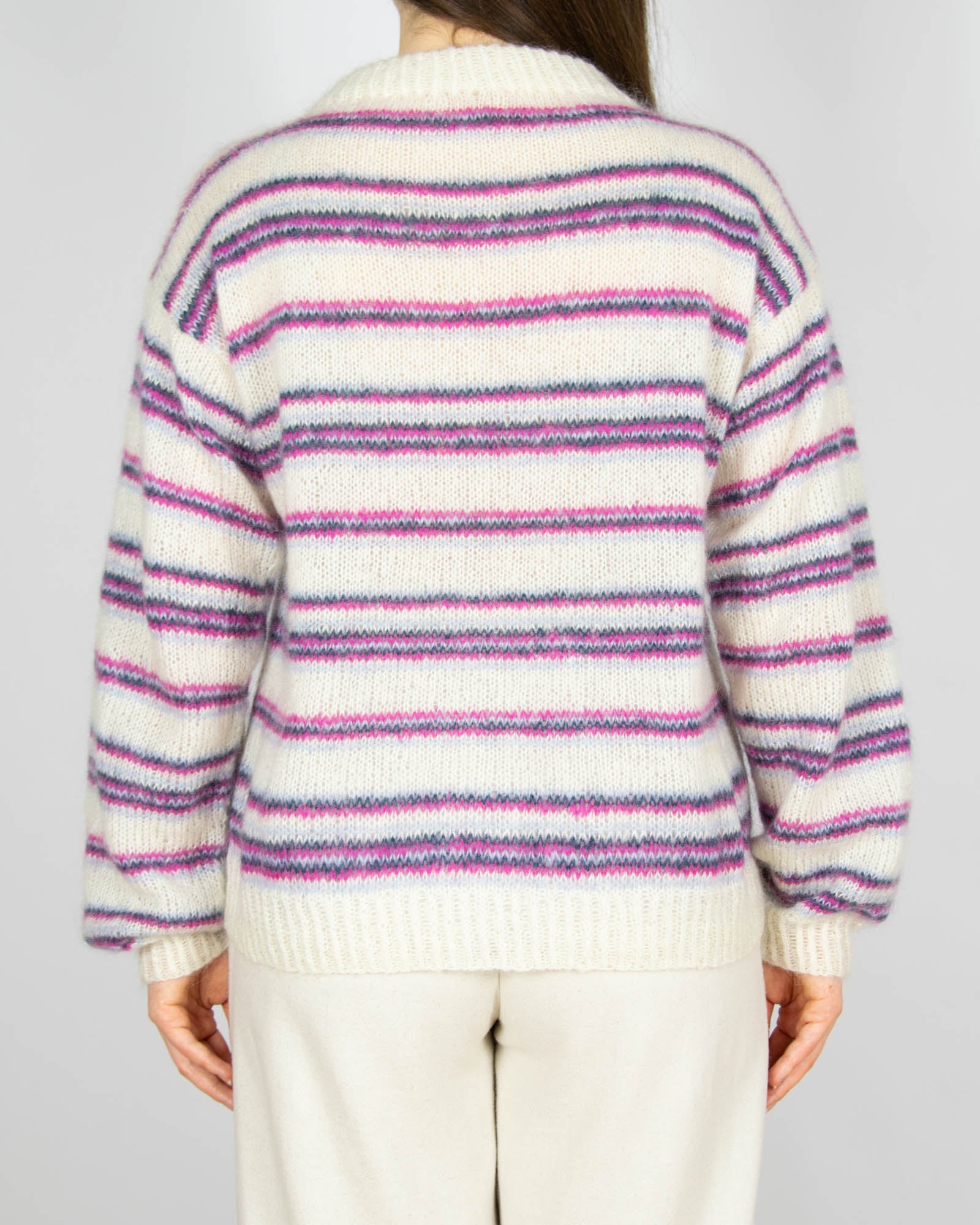 Kremowo różowy moherowy sweter w paski Handmade - M