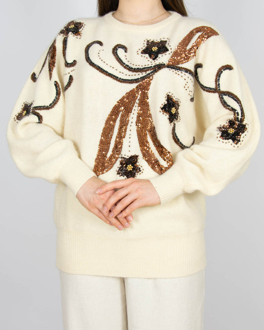 Kremowy wełniany (wełna jagnięca + angora) sweter Vintage - M/L