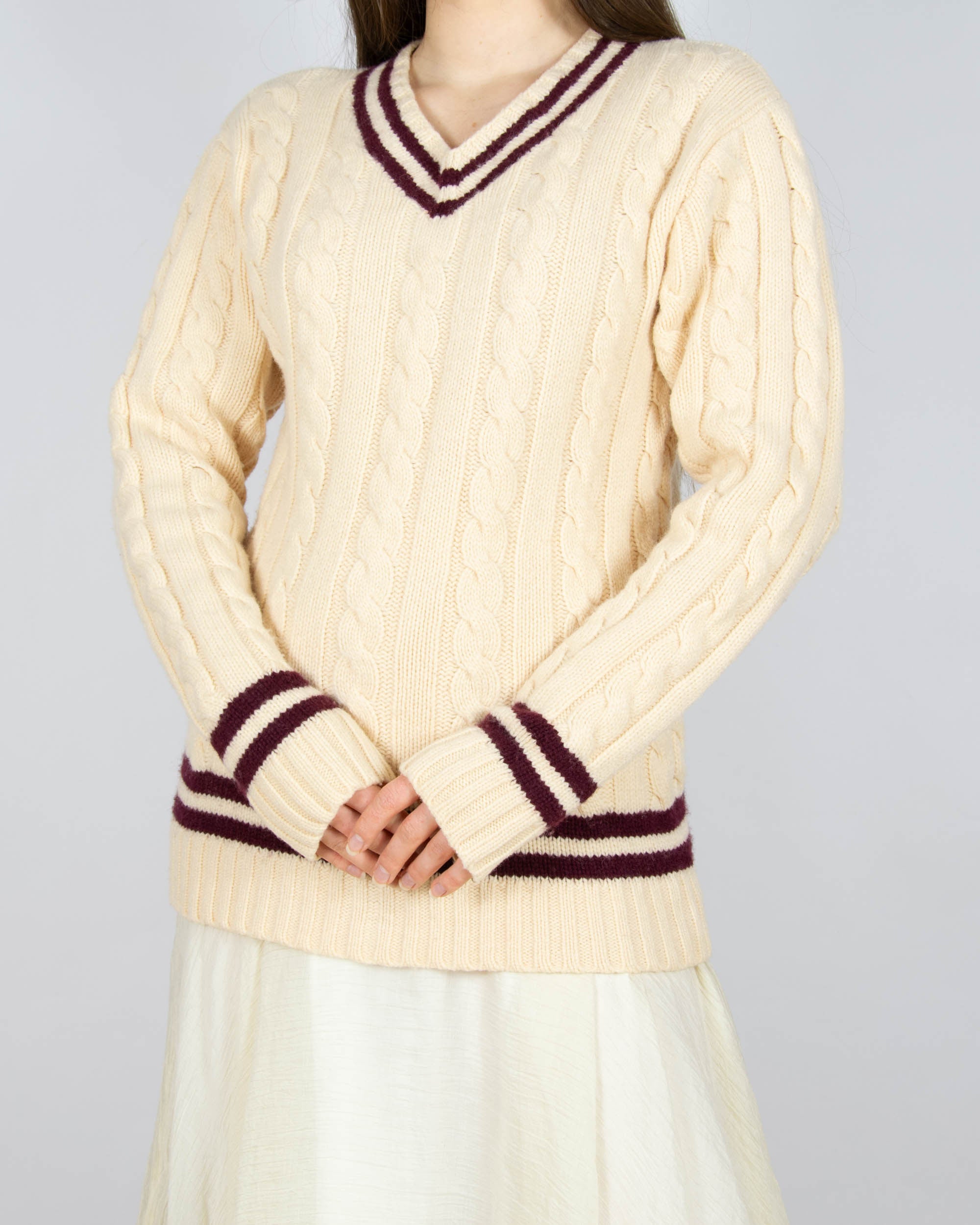 Kremowo bordowy (wełna jagnięca) sweter marki premium Ralph Lauren.