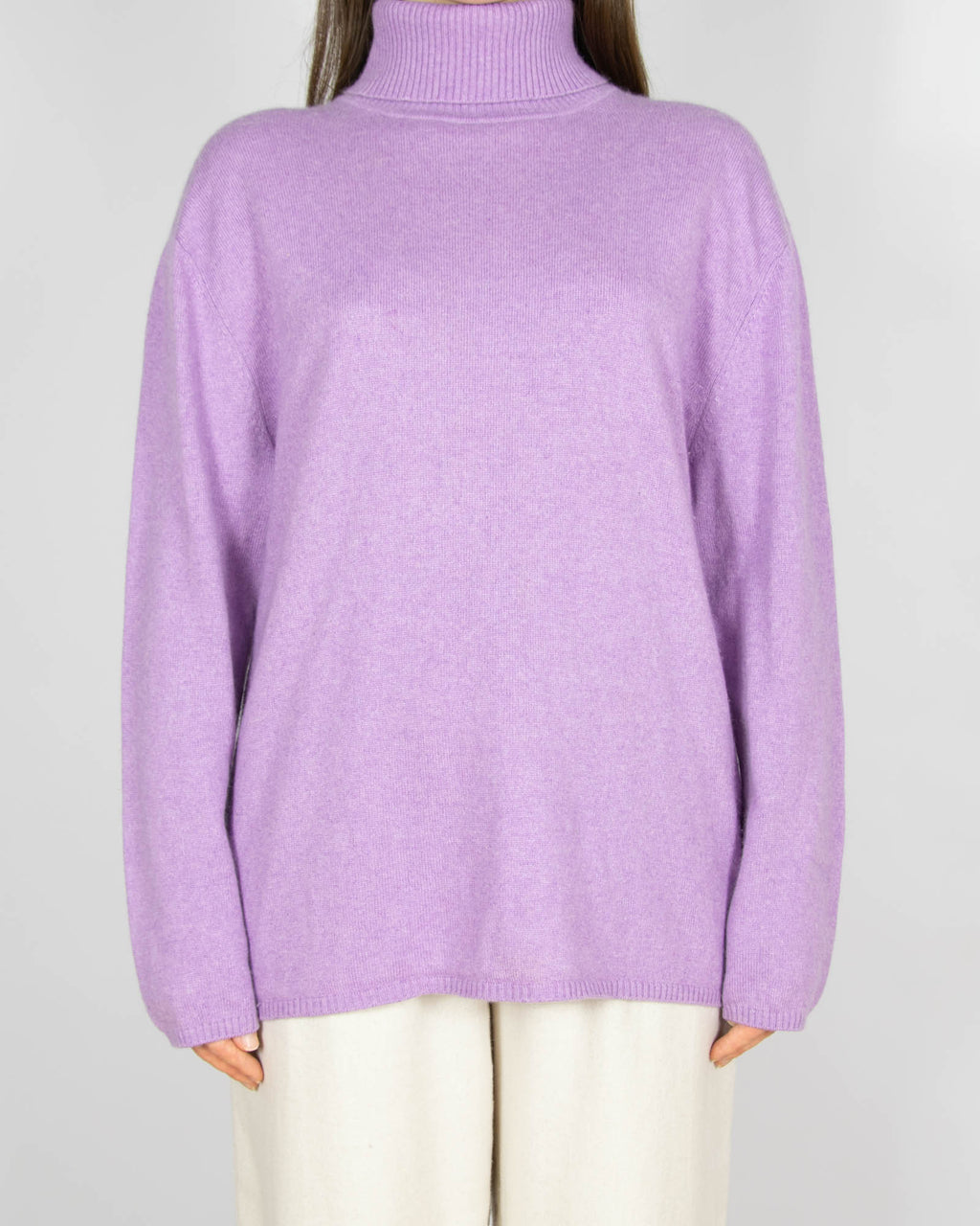 Liliowy jedwabno kaszmirowy sweter z golfem - L/XL