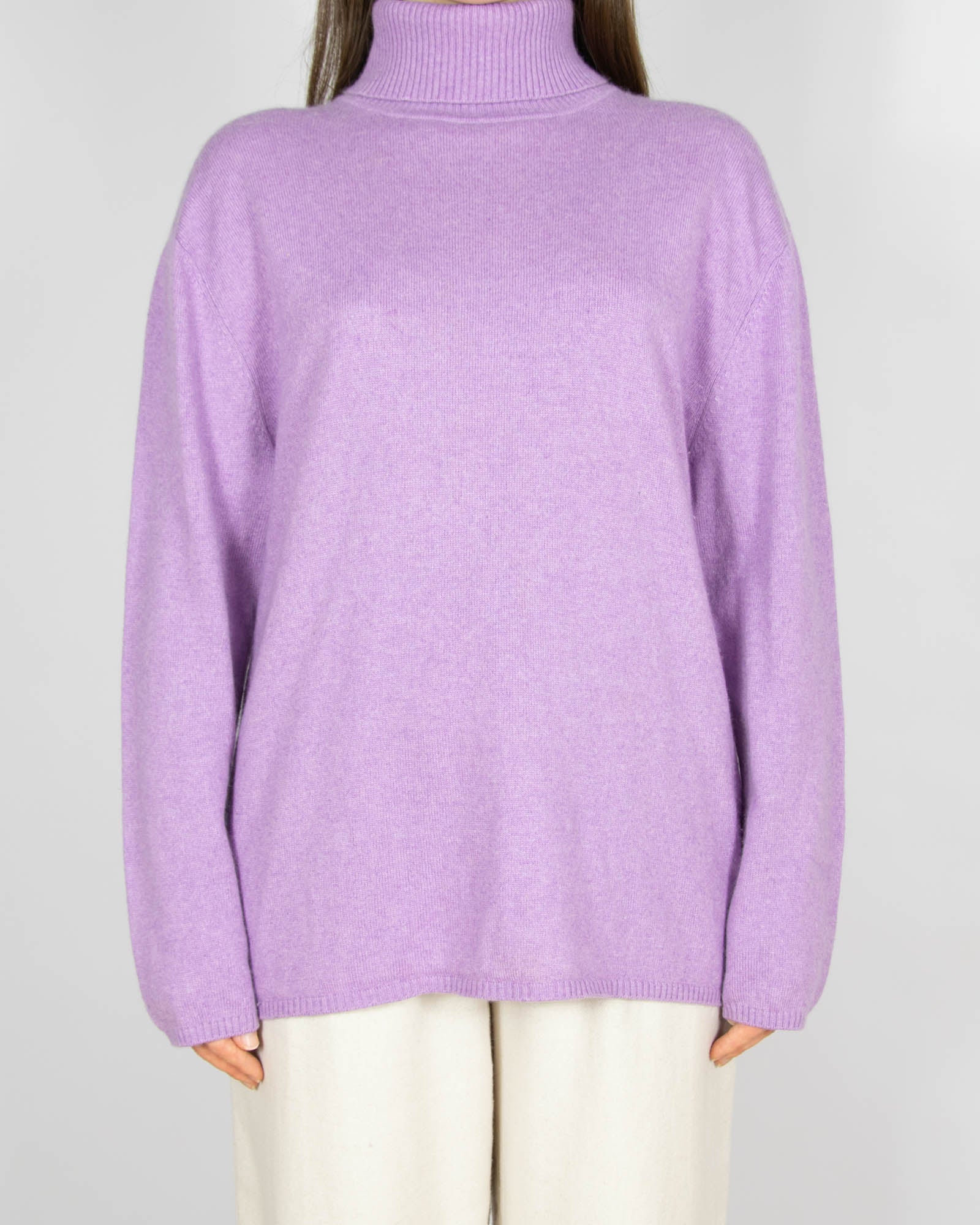 Liliowy jedwabno kaszmirowy sweter z golfem - L/XL