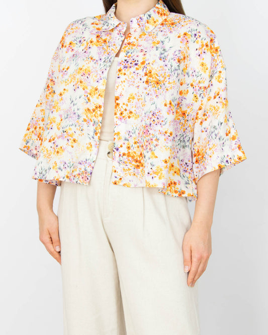 Biała lniana koszula w kolorowe kwiaty H&M